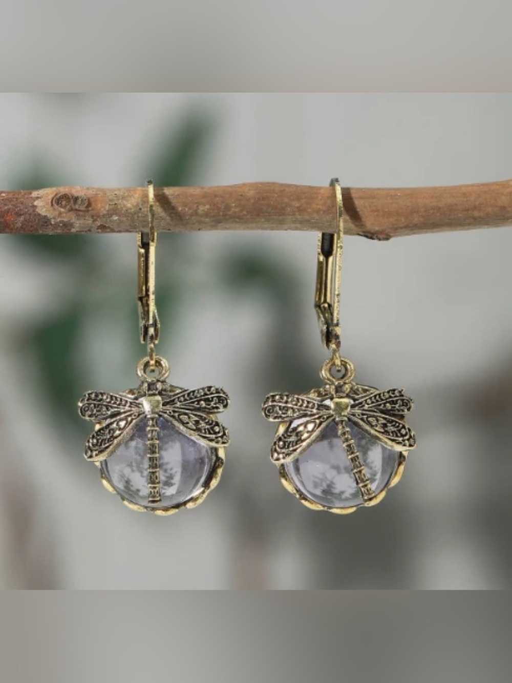 Vintage-Inspired Gold Dragonfly Drop Earrings with Clear Crystal Retail $50